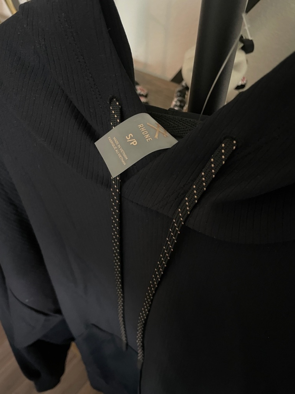Rhône Black Ribbed Hoodie with Drawstring - Picture 3 of 4